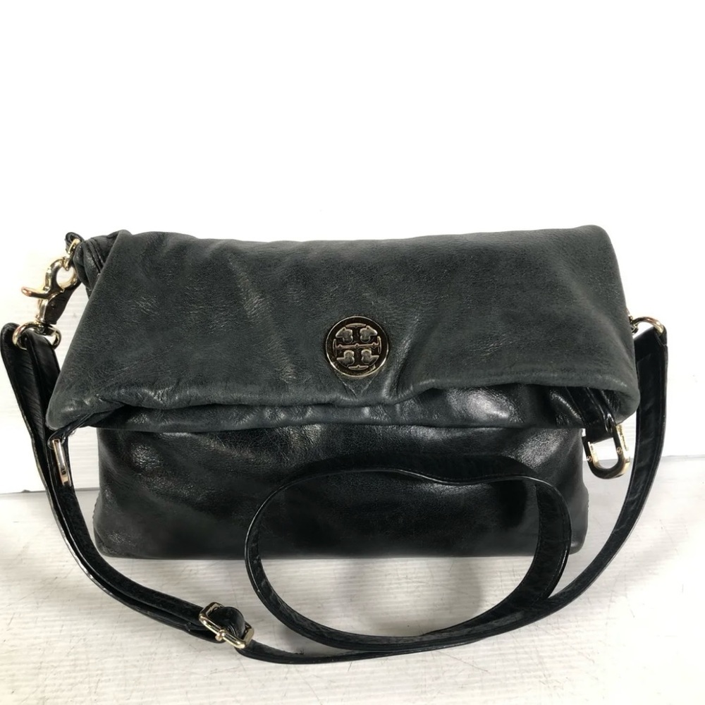Tory Burch Womens Black Pebbled Leather Dena Convertible Medium Crossbody Purse
